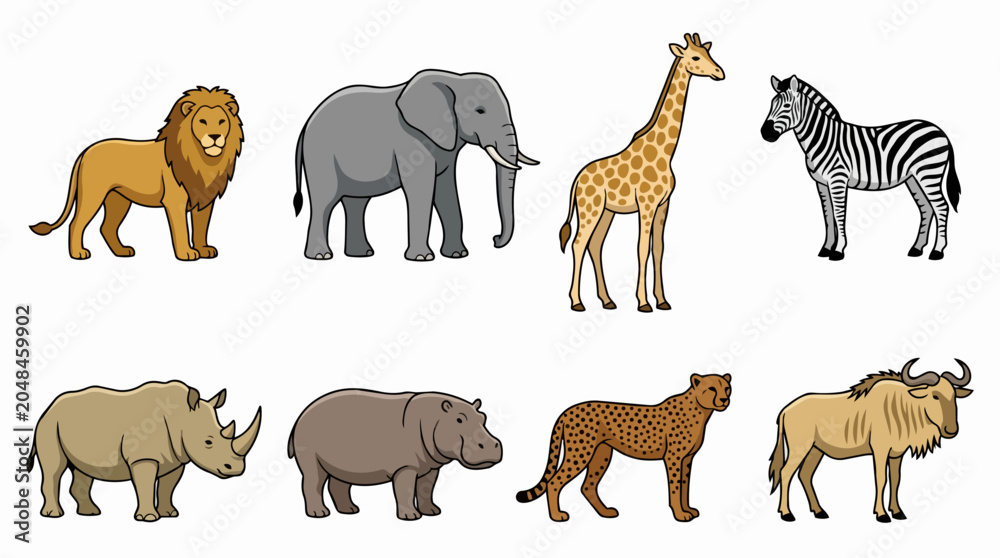 Fototapeta premium African savanna animals cartoon collection showing diverse wildlife species, including predators and herbivores, perfect for educational materials, children's books, or themed designs