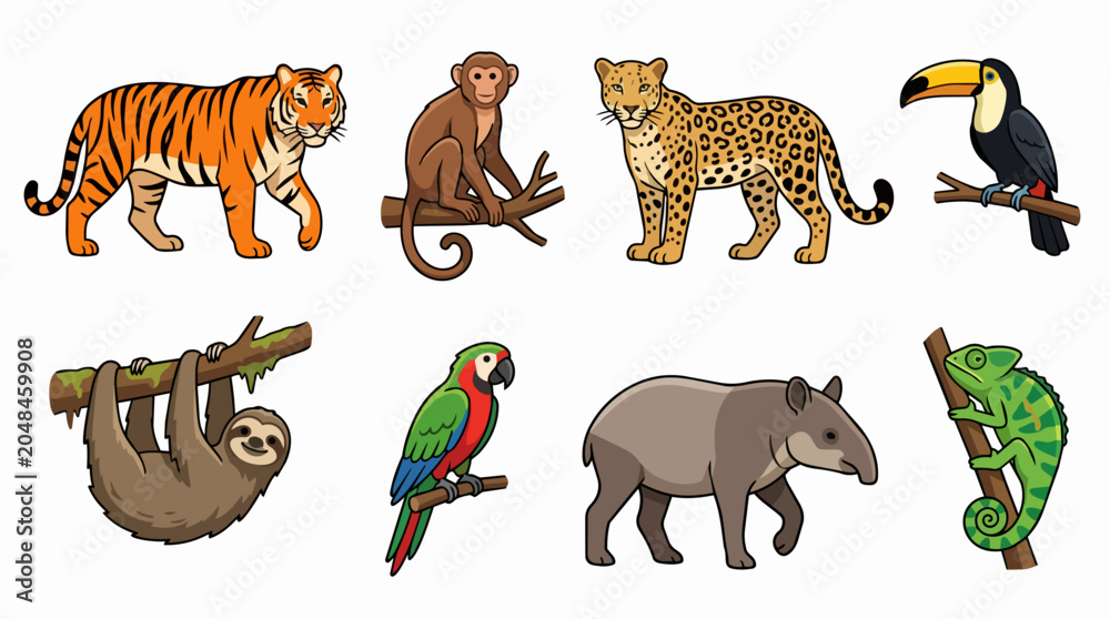 Obraz premium Jungle wildlife collection featuring a tiger. Monkey. Leopard. Toucan. Sloth. Macaw. Tapir. And chameleon. Illustrating diverse animal species inhabiting tropical rainforest environments