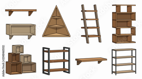 Wooden shelving units and storage furniture collection, displaying various types of wall shelves, free-standing racks, and open cupboards for modern interior design concepts