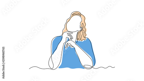 Continuous line drawing of a pensive woman resting her chin on her hands, lost in thought and dreaming, minimalist portrait illustration, reflective mood and creative thinking concept