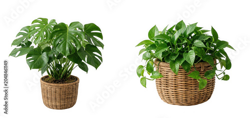 Two lush potted indoor green plants in woven baskets as PNG cutout isolated on transparent background