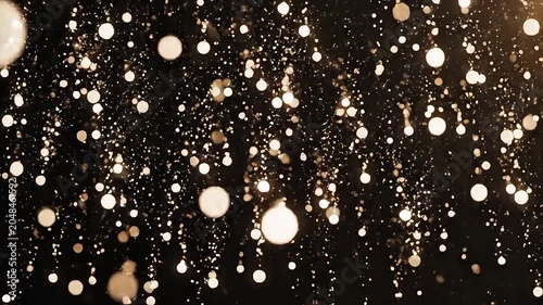 Abstract background with shimmering golden particles falling against a dark backdrop, creating a magical and festive bokeh effect.