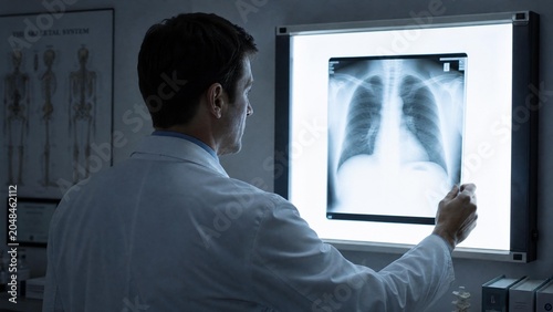 Male Doctor Examining Chest X-ray on Lightbox in Hospital Clinic