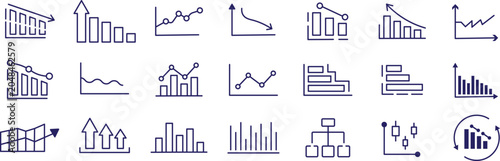 Business chart and graph icon set for corporate finance reports and digital dashboard layouts, containing clean flat vector illustration