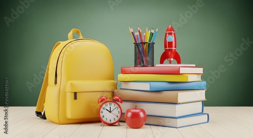 Back to school concept with backpack books stationery and apple on wooden surface