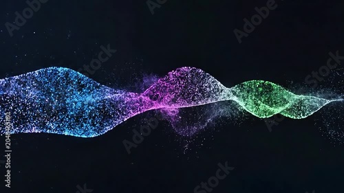 Abstract flowing wave of glowing particles transitioning from blue to purple to green on a dark background, creating a dynamic digital art effect.