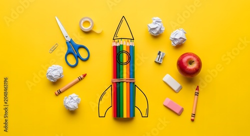 Colorful school supplies arranged as a rocket ship on a bright yellow background