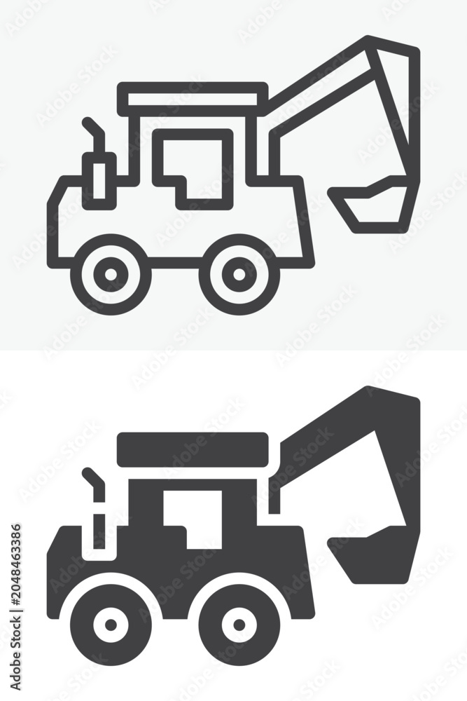 Naklejka premium Tractor loader icon in line outline and solid icon versions. Editable stroke vector sign symbol showing a tractor-style loader icon with bucket for site work.