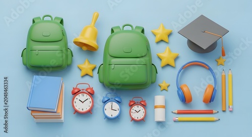 School supplies arrangement with backpacks books and stationery in a 3d render