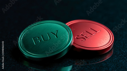 Green buy and red sell trading coins on a dark reflective surface with business