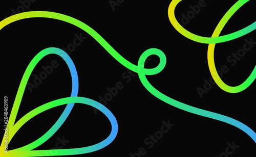 Flowing gradient line art with cursive aesthetic incorporating loops and smooth curves in bright neon colors isolated on black background for modern minimalist digital wallpaper.