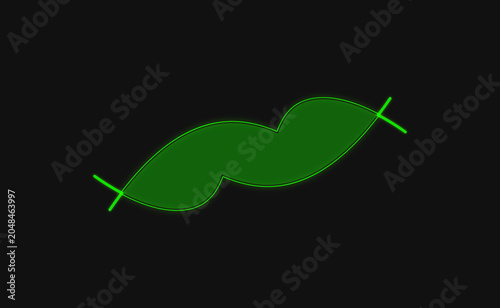 Abstract green mustache shape with neon outlines on dark background creative stylized facial hair design with glowing effects and cross marks at edges for modern masculine concepts.