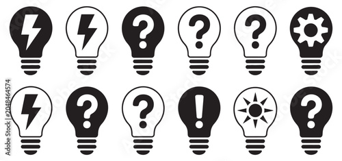 Light bulb icons set, idea symbols, lightning bolt, question mark, user, settings gear, innovation concept, modern flat illustration, vector design