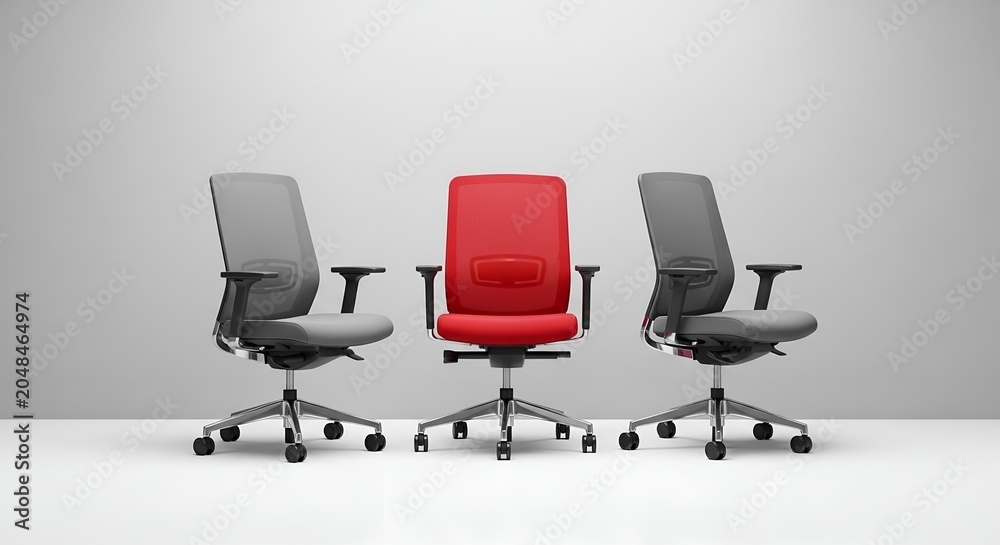Obraz premium Office Selection A vibrant red office chair standing out between two standard gray mesh ergonomic chairs.