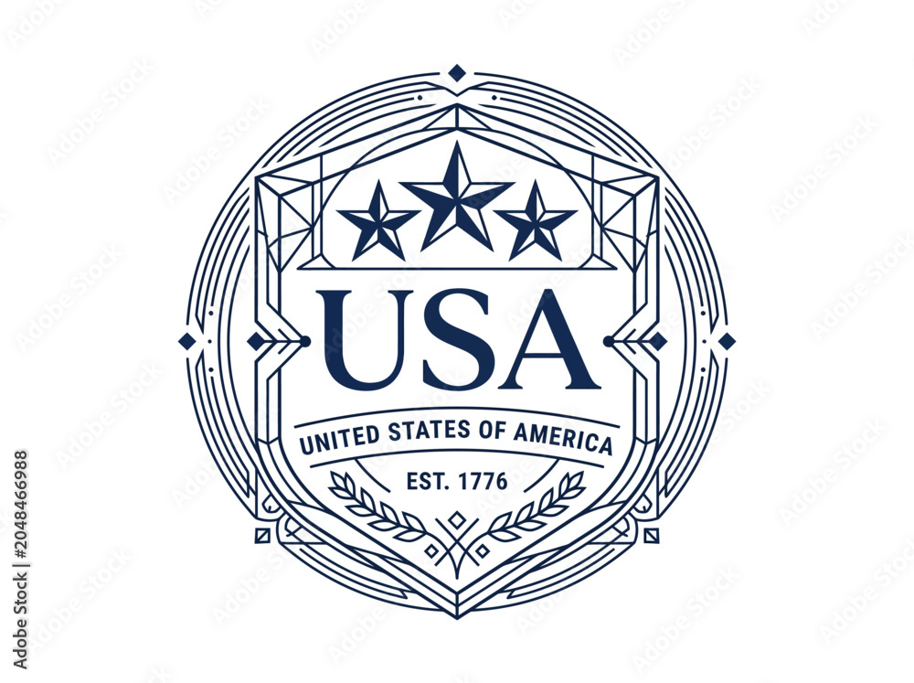 Fototapeta premium Stylized graphic illustration of a patriotic circular emblem, featuring vintage typography, stars, and ornate elements, symbolizing national pride.