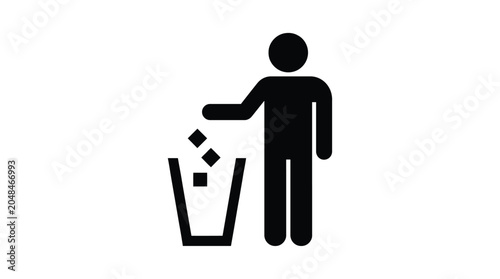 Minimalist vector illustration of a person disposing of waste into a black trash bin icon