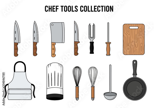 фотографія Collection of kitchen utensils, including knives, whisks, and a frying pan, perf