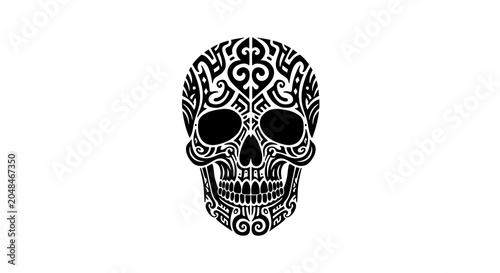 Intricate tribal pattern skull illustration representing mortality, strength, and artistic expression, rendered in a bold black and white graphic design concept