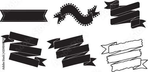A collection of six graphic design elements featuring black silhouette and outline ribbon banners in various styles such as wavy with dots, multi-layered folds, and ragged edges.