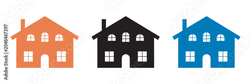 Tablou pe pânză Cartoon houses set, three colorful houses with windows and doors, vector illustr
