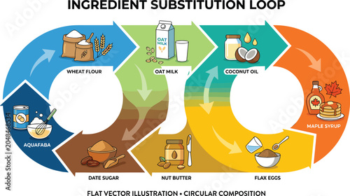  Ingredient substitution loop infographic template featuring healthy vegan baking alternatives like oat milk coconut oil and flax eggs for culinary presentations