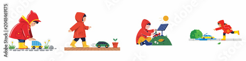 Tableau sur toile Set of vector illustrations featuring a child in a red raincoat playing with solar-powered toy cars, promoting green energy education