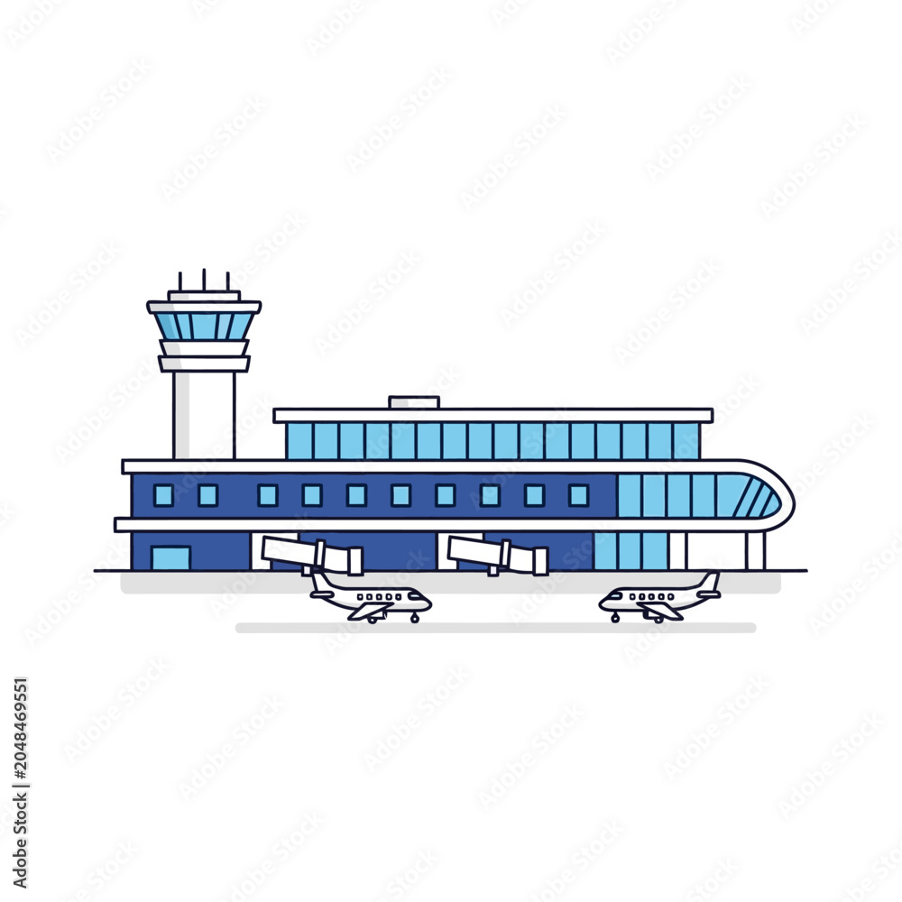 Naklejka premium Modern airport terminal illustration with airplanes and control tower design