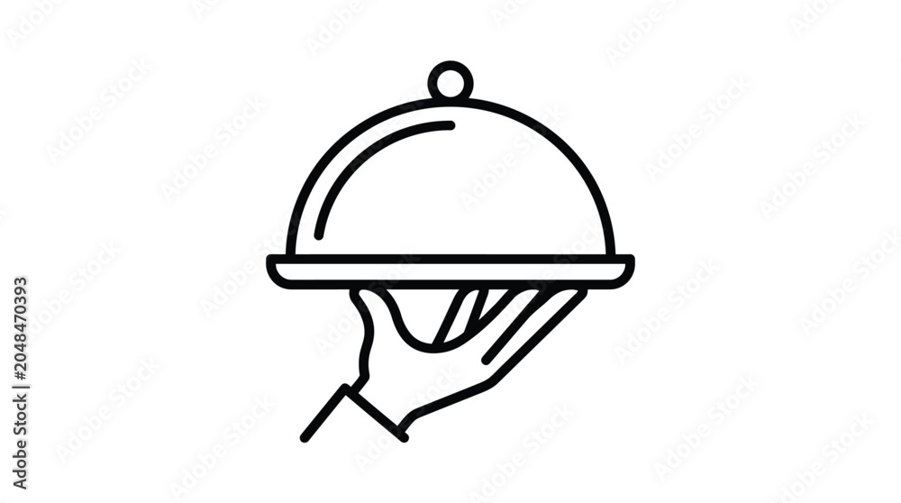 Fototapeta premium Simple black and white vector illustration showing a hand holding a silver food serving cloche