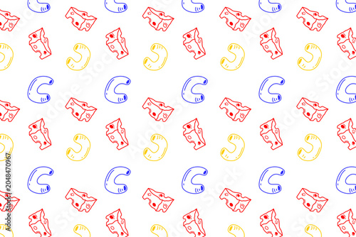 Seamless pattern of macaroni pasta and cheese slices with blue, red and yellow color in doodle style. Hand drawn mac and cheese background vector illustration, perfect for food packaging, menu design,