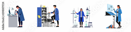 Canvas Print Flat vector illustration set of scientists conducting research on lithium batter