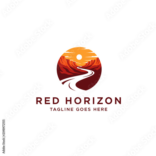 Red Horizon landscape logo featuring a winding road through canyon mountains under a sun.