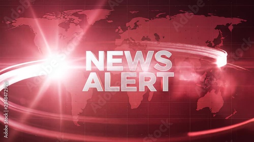 Breaking news alert broadcast graphic with world map background and digital effects