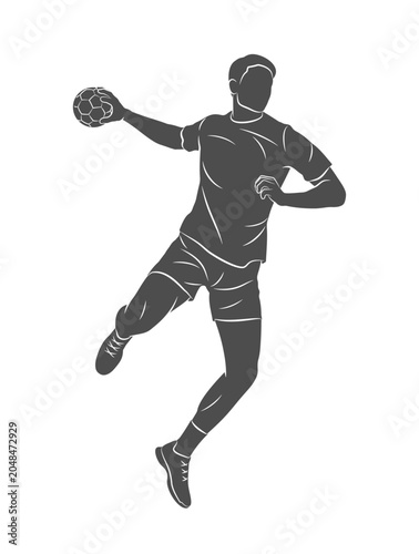 Silhouette of a handball player on a white background. A man handball player throws a ball in a dynamic jump. Vector illustration