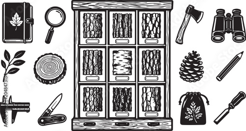Vintage forestry icons, wood texture set, nature vectors