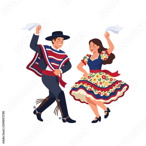 Chilean couple dancing cueca in traditional attire