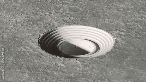 Massive Circular Lunar Base Moon Crater Concentric Rings Futuristic Outpost Spacecraft Deep Shaft Sci Fi Architecture Vast Lunar Surface 3d illustration