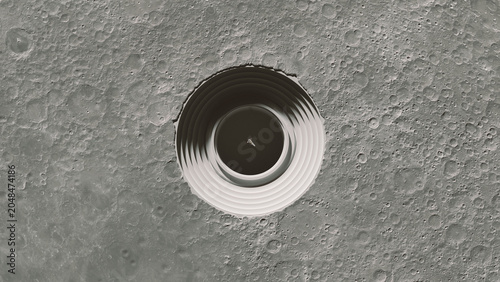 Massive Circular Lunar Base Moon Crater Concentric Rings Futuristic Outpost Spacecraft Deep Shaft Sci Fi Architecture Vast Lunar Surface 3d illustration