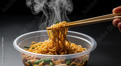 Hot steaming bowl of Asian noodles being lifted with chopsticks, a delicious meal served with visible steam and green garnishes.