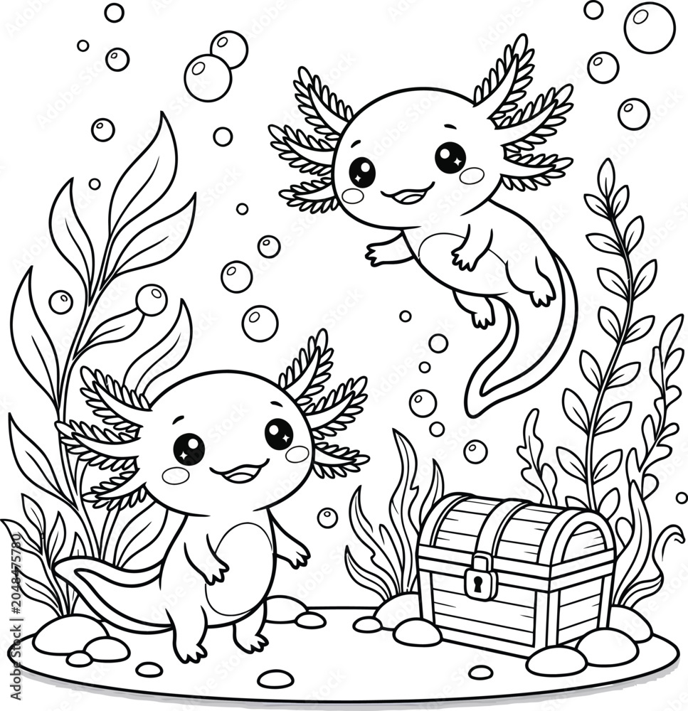 Fototapeta premium Two light pink axolotls swimming among green aquatic plants and bubbles in a underwater