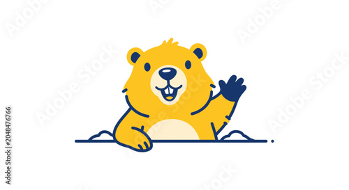 Canvas Print Cute cartoon groundhog waving hello from its burrow, friendly greeting