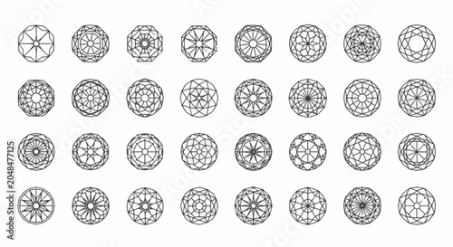 Collection of 32 geometric circle icons featuring intricate line art patterns resembling diamond cuts, gemstones, mandalas, and kaleidoscopic designs on a plain white background.