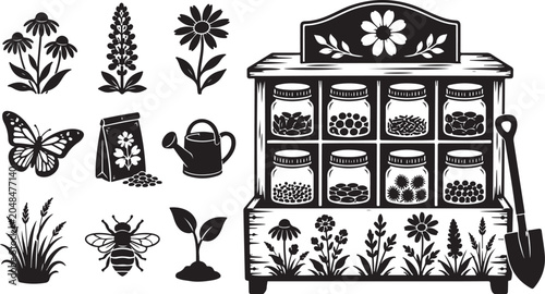 Vintage garden seed shop, floral icons, botanical vector
