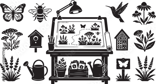 Garden planning icons, botanical vector set, nature silhouettes