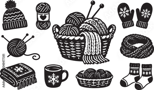 Knitting icons set, yarn basket vector, winter hobby art