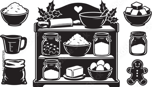 Vintage baking icons, kitchen pantry vector, holiday food