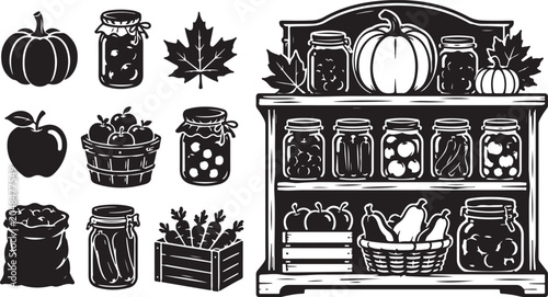 Rustic autumn harvest icons, pantry jars and pumpkins set