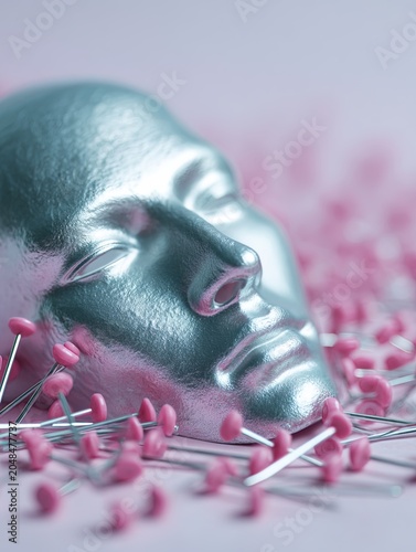 Silver human face mask with pins, surreal pain and psychological concept. Ai Generative