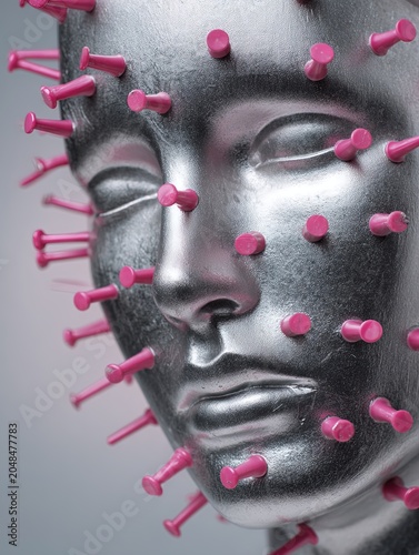 Silver human face mask with pins, surreal pain and psychological concept. Ai Generative