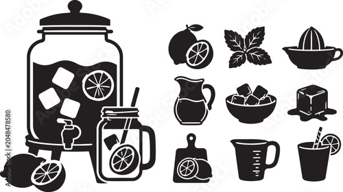 Lemonade drink icons, beverage dispenser, summer vector set