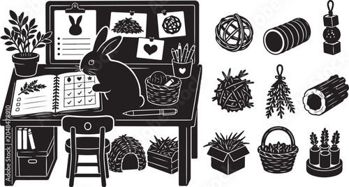 Rabbit care icons, pet bunny supplies, black vector set